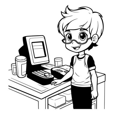 Bilgisayarda çalışan sevimli çocuk. siyah ve beyaz vektör illüstrasyon grafik tasarımı.