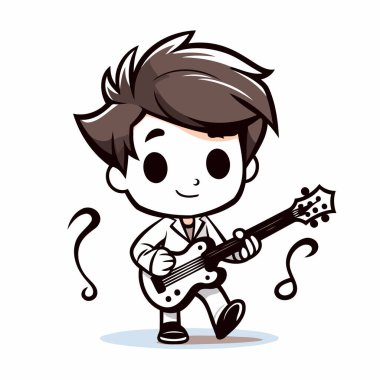Beyaz arka planda gitar çalan ve soru işareti olan bir çocuk. Vektör illüstrasyonu.