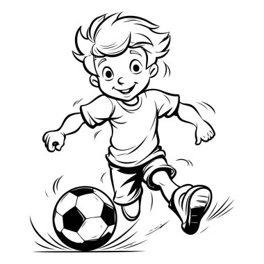 Beyaz arka planda izole bir şekilde futbol oynayan bir çocuğun vektör illüstrasyonu.