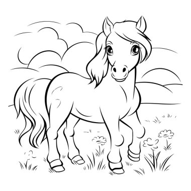Çayırda bir at. Boyama kitabı için siyah ve beyaz vektör çizimi