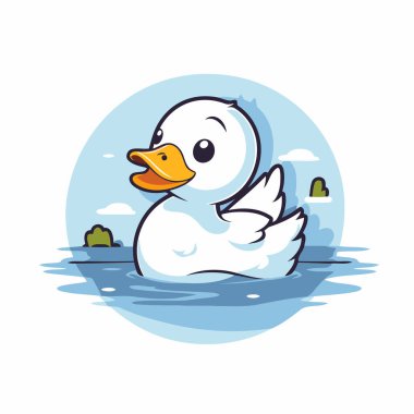 Suda yüzen şirin beyaz ördeğin vektör çizimi..