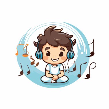 Beyaz arka planda kulaklık takmış müzik dinleyen sevimli çocuk. Renkli tasarım. vektör illüstrasyonu