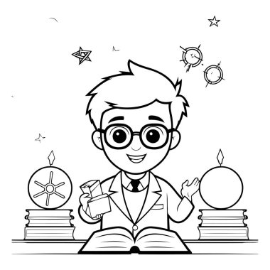 Kitaplı okul çocuğunun vektör illüstrasyonu. Siyah beyaz çizim.