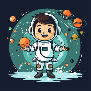 Uzaydaki sevimli astronot çizgi filmi. Vektör çizimi. Boşluk teması.