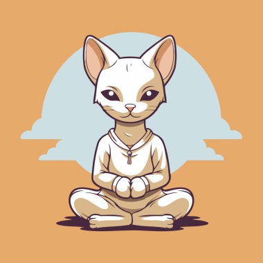 Lotus pozisyonunda meditasyon yapan sevimli bir kedi çizgi filminin vektör çizimi.