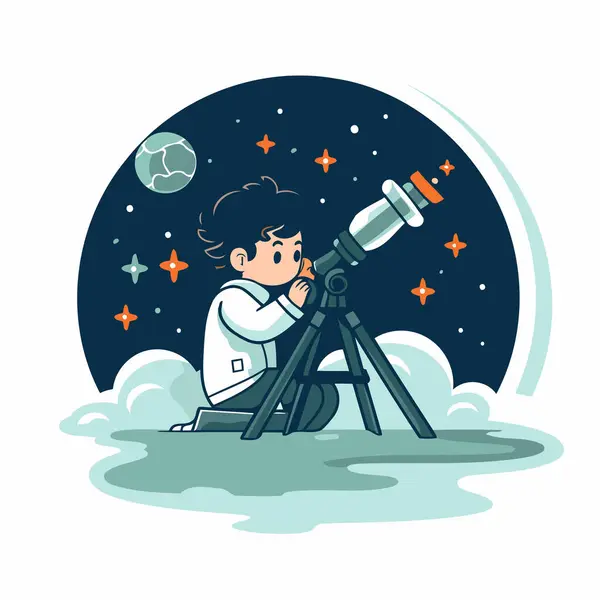 Vector Illustration Boy White Coat Watching Stars Telescope — Stock Vector
