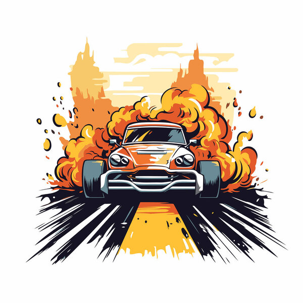 Vector illustration of a burning car on the road. Design element for poster. card. banner. sign.