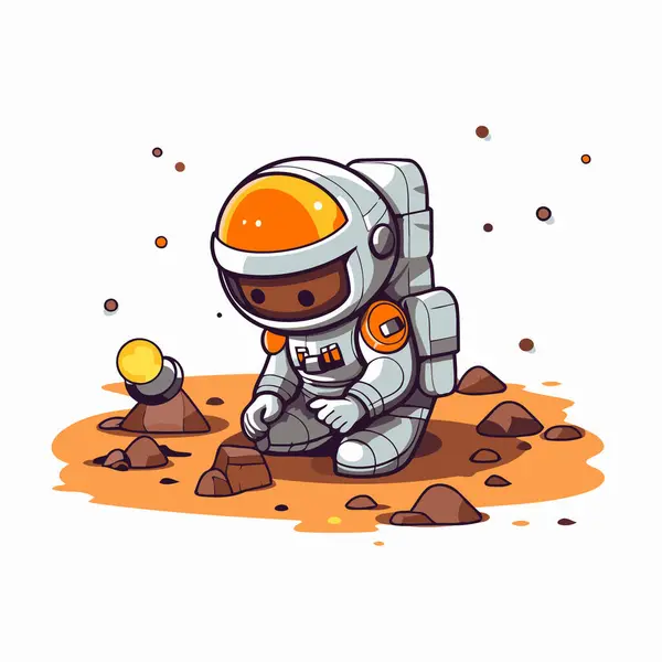 地上に座っている宇宙飛行士 漫画の宇宙飛行士のベクトルイラスト — ストックベクタ