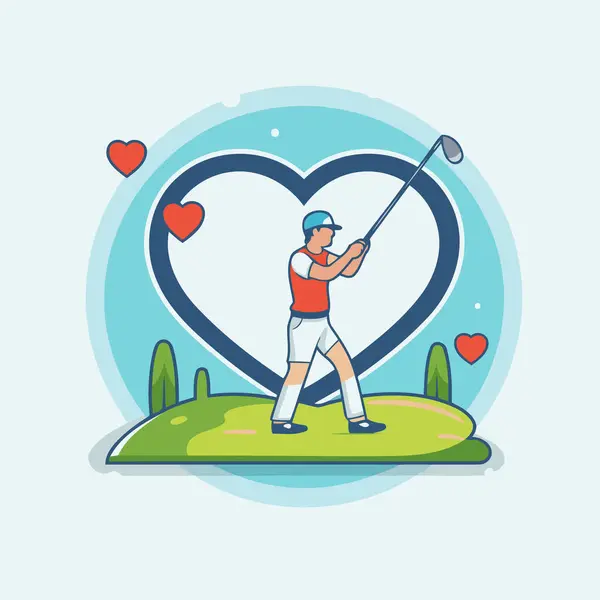 Golf Player Heart Shape Vector Illustration Flat Style Design — Stock Vector
