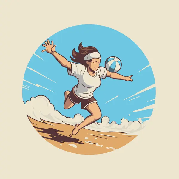 Illustration Woman Playing Beach Volleyball Beach Vector Illustration — Stock Vector