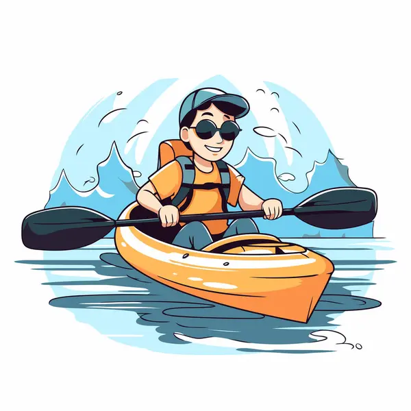 Homme Kayak Sur Eau Illustration Vectorielle Bande Dessinée — Image vectorielle