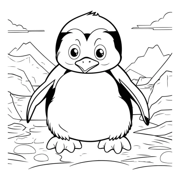 Μαύρο Και Άσπρο Καρτούν Εικονογράφηση Της Αστείο Πιγκουίνος Χαρακτήρα Του — Διανυσματικό Αρχείο