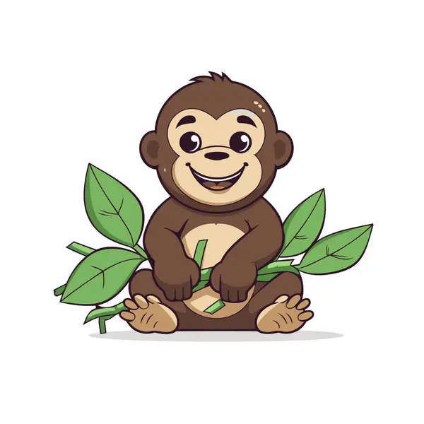 Vector Illustration Cartoon Monkey Sitting Green Leaf — Stock Vector