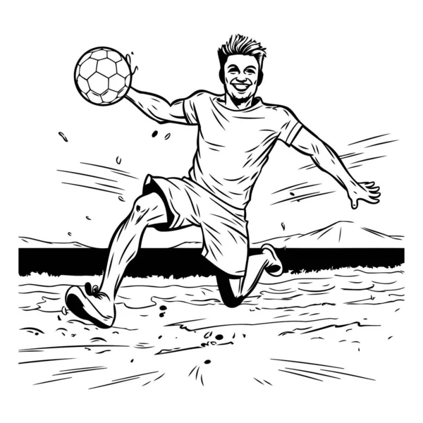 Giocatore Calcio Che Calcia Pallone Illustrazione Vettoriale Bianco Nero — Vettoriale Stock