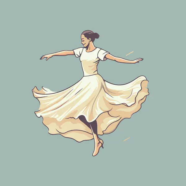 Hermosa Bailarina Con Vestido Blanco Bailando Ilustración Vectorial — Vector de stock