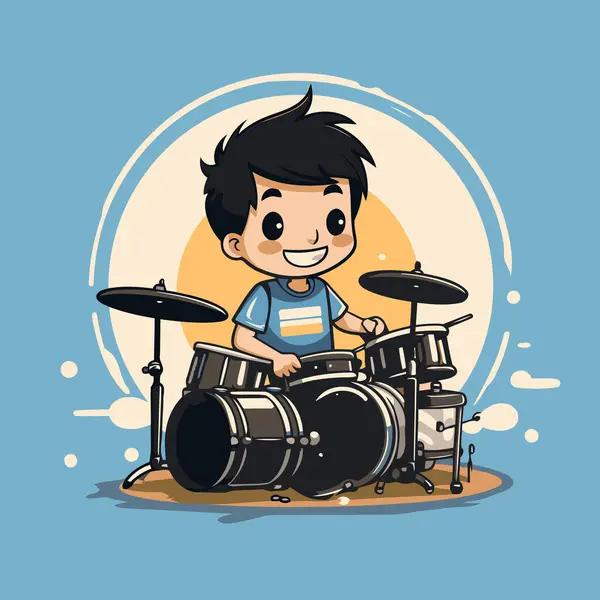 Muzikant Jongen Spelen Drum Set Cartoon Stijl Vector Ontwerp Illustratie — Stockvector
