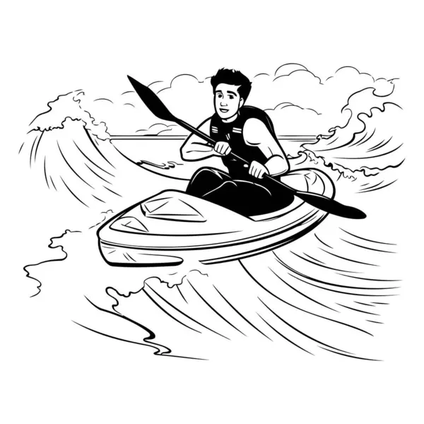 Hombre Kayak Agua Ilustración Blanco Negro — Archivo Imágenes Vectoriales