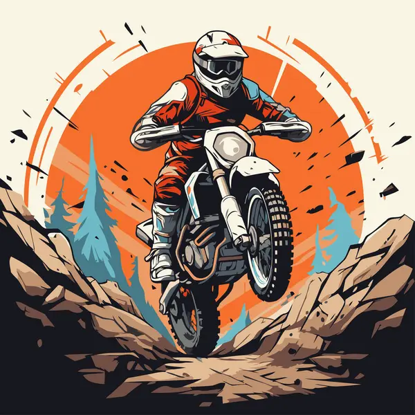 Motocross Fahrer Unterwegs Vektor Illustration Retro Stil — Stockvektor