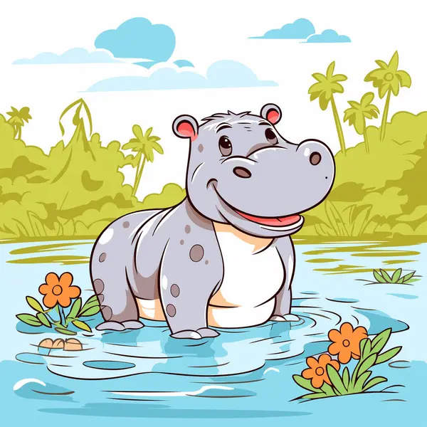 Kreskówkowy Hipopotam Rzece Ilustracja Wektora Dla Twojego Projektu — Wektor stockowy