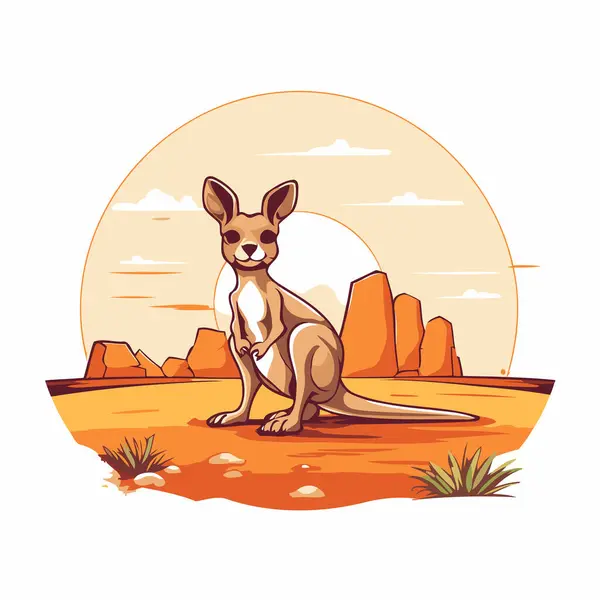 Çölde Kanguru Düz Biçimli Vektör Illüstrasyonu — Stok Vektör