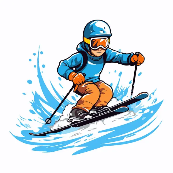 Vector Illustration Skier Helmet Goggles Skiing Downhill White Background — Stock Vector