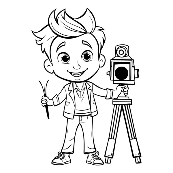 Boy Camera Tripod Vector Illustration Coloring Book — Stock Vector
