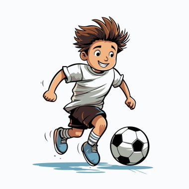 Futbol oynayan bir çocuğun tasviri. Vektör illüstrasyonu beyaz arkaplanda izole edildi