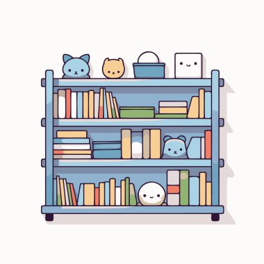 Kitap ve kedilerle dolu bir kitaplık. Düz biçim vektör illüstrasyonu.