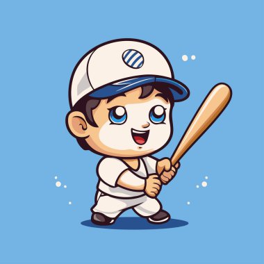 Beyzbol oynayan sevimli çocuk. Vektör çizimi. Mavi arkaplanda izole.