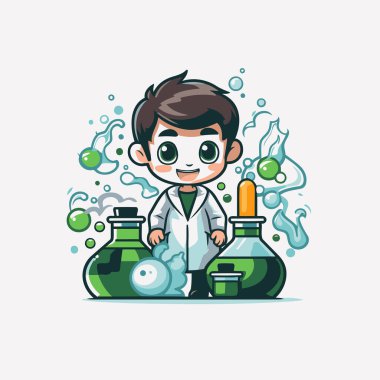 Kimyasal mataraları olan bilim adamı çocuk çizgi film karakteri. Vektör illüstrasyonu.