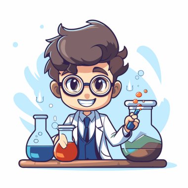 Bilim adamı çocuk çizgi film karakteri. Düz bir şekilde vektör illüstrasyonu.