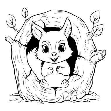 Siyah ve Beyaz Tatlı Sincap Çizimi ya da Bir Ağacın İçindeki Vahşi Hayvan Maskotu Karakteri