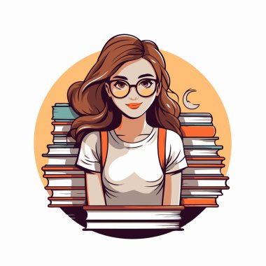 Elinde kitap yığını tutan gözlüklü bir kızın portresi. Vektör illüstrasyonu.