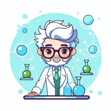 Laboratuvar önlüğü ve gözlüklü bilim adamı. Çizgi film tarzında vektör illüstrasyonu.