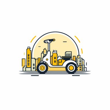 Şehirde elektrikli bir araba. Modern düz tasarım biçim vektör çizimi.