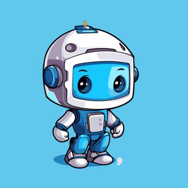 Mavi arka planda sevimli çizgi film robotu. Çizgi film robotunun vektör çizimi.