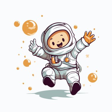 Beyaz arka planda sevimli bir astronotun tasviri. Vektör illüstrasyonu.