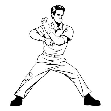 Kung fu adam aksiyon çizgi filmi siyah beyaz vektör illüstrasyon grafik tasarımı