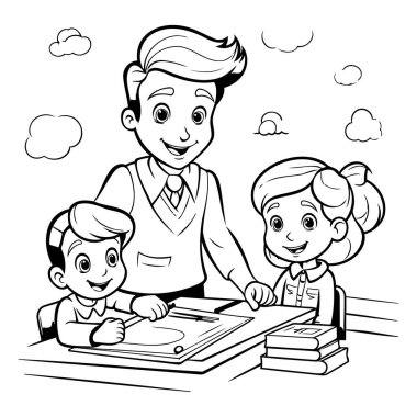 Baba ve Çocukların Okuma ve Renklendirme Kitabı Çizimlerinin Siyah ve Beyaz Çizimi