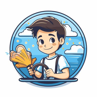 Yolda araba süren tatlı bir çocuk. Vektör illüstrasyonu.