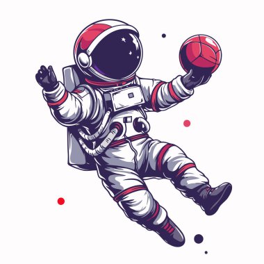 Astronot elinde topla uçuyordu. Vektör illüstrasyonu.