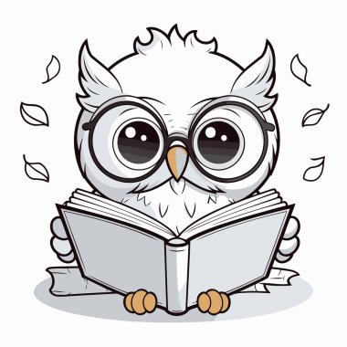 Baykuş kitap okuyor. Kitap okuyan bir baykuşun vektör illüstrasyonu.