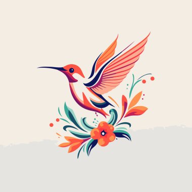 Çiçek süslemeli sinekkuşu. Retro biçiminde vektör illüstrasyonu.