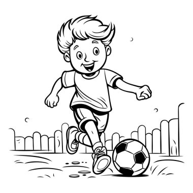 Çizgi filmci çocuk futbol oynuyor. Boyama kitabı için siyah ve beyaz vektör çizimi.