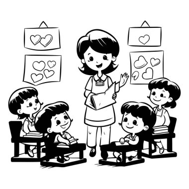 Öğretmen ve çocuklar sınıfta. Siyah ve beyaz vektör çizimi.