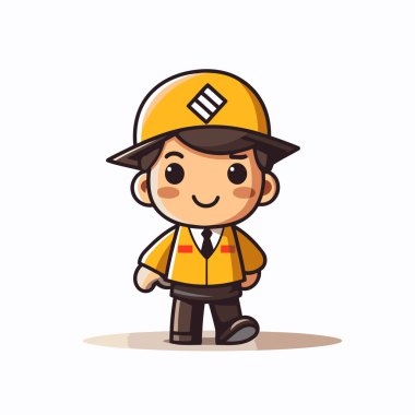 Güvenlik kaskı takan ve üniforma giyen sevimli çizgi film çocuğu. Vektör illüstrasyonu.