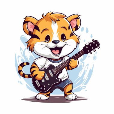 Elektro gitar çalan sevimli çizgi film kaplanı. Vektör illüstrasyonu beyaz arkaplanda izole edildi.