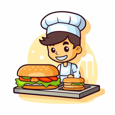 Hamburgerli çizgi film şefi. Çizgi film tarzında vektör illüstrasyonu.