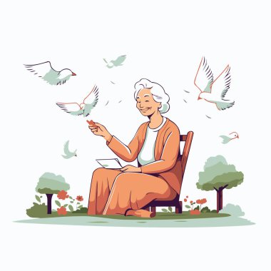 Yaşlı bir kadın parkta oturuyor ve kitap okuyor. Vektör illüstrasyonu.