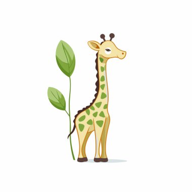 Beyaz arka planda yeşil yapraklı şirin zürafa. Vektör illüstrasyonu.